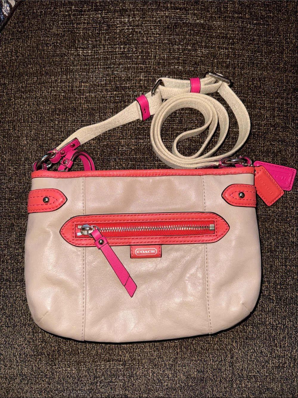 Coach Cream Leather Crossbody with Pink & Orange Trim
